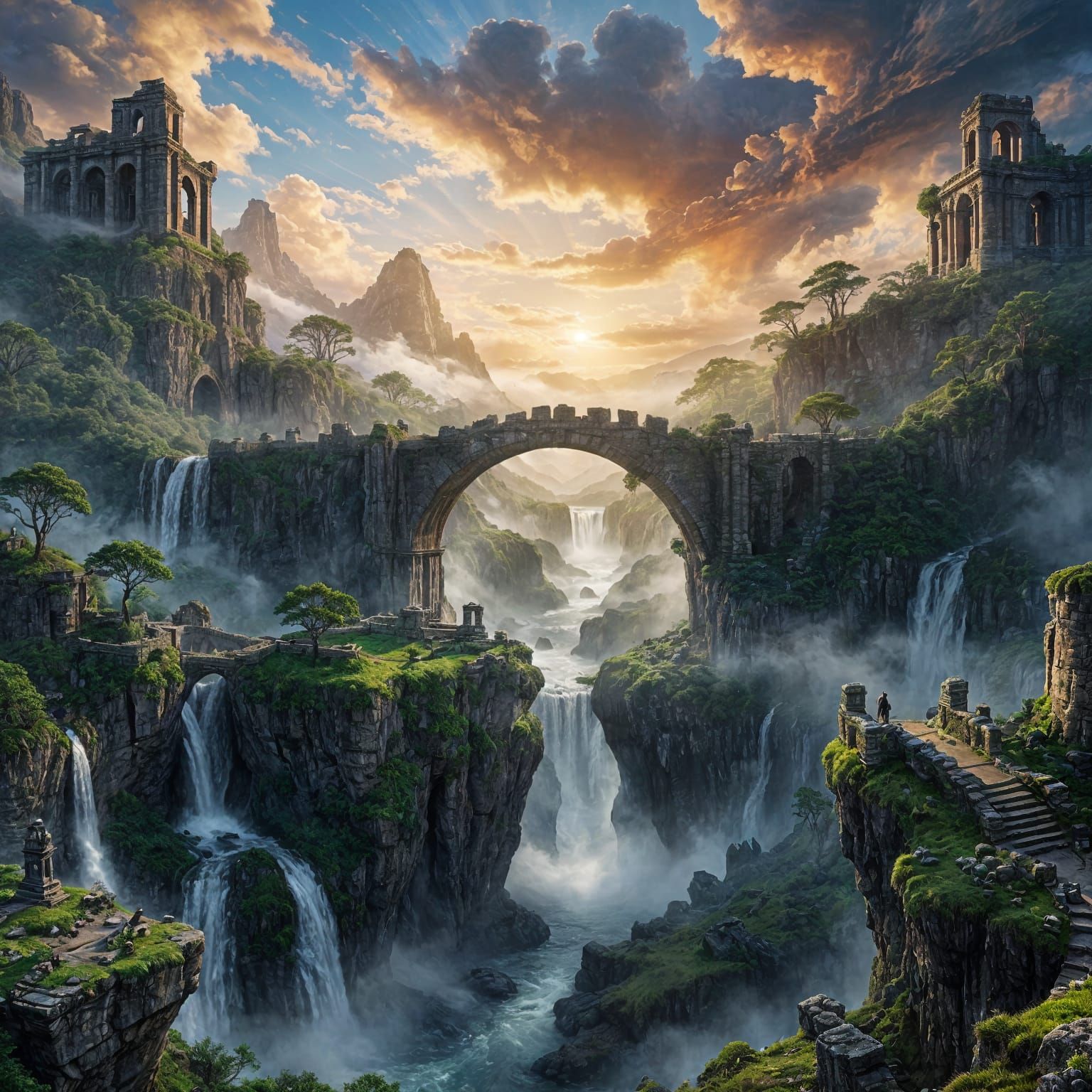 A colossal stone bridge arches across a chasm filled with swirling mist and ancient ruins. Waterfalls ...  by @rezz