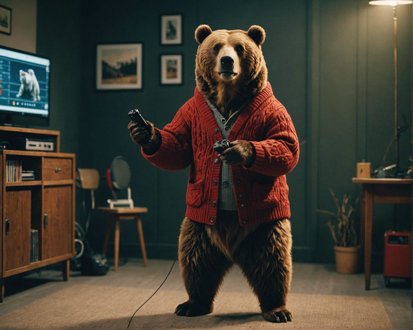 A Kodiac Bear,  standing on its hind legs, wearing a read ca...