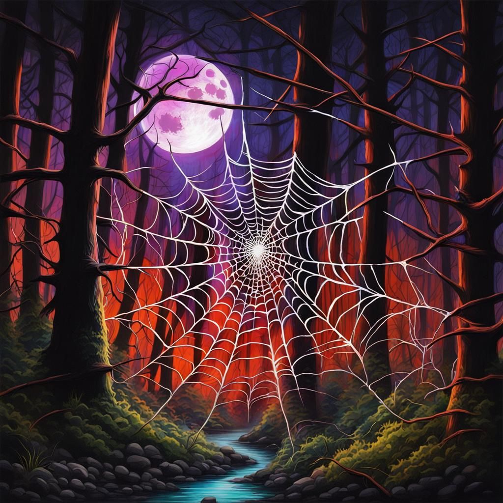 Beautiful spider-web in an eerie forest with a full moon  by @VeganTrekfan