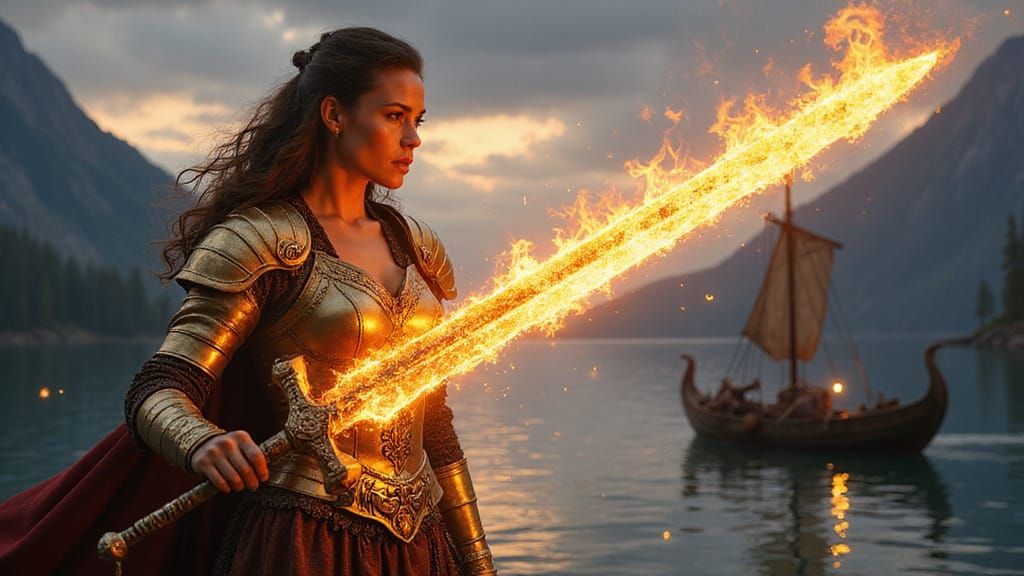 A Valkyrie in Gold Armor Wields an Elemental Flaming Sword  by @Gary DeVeau
