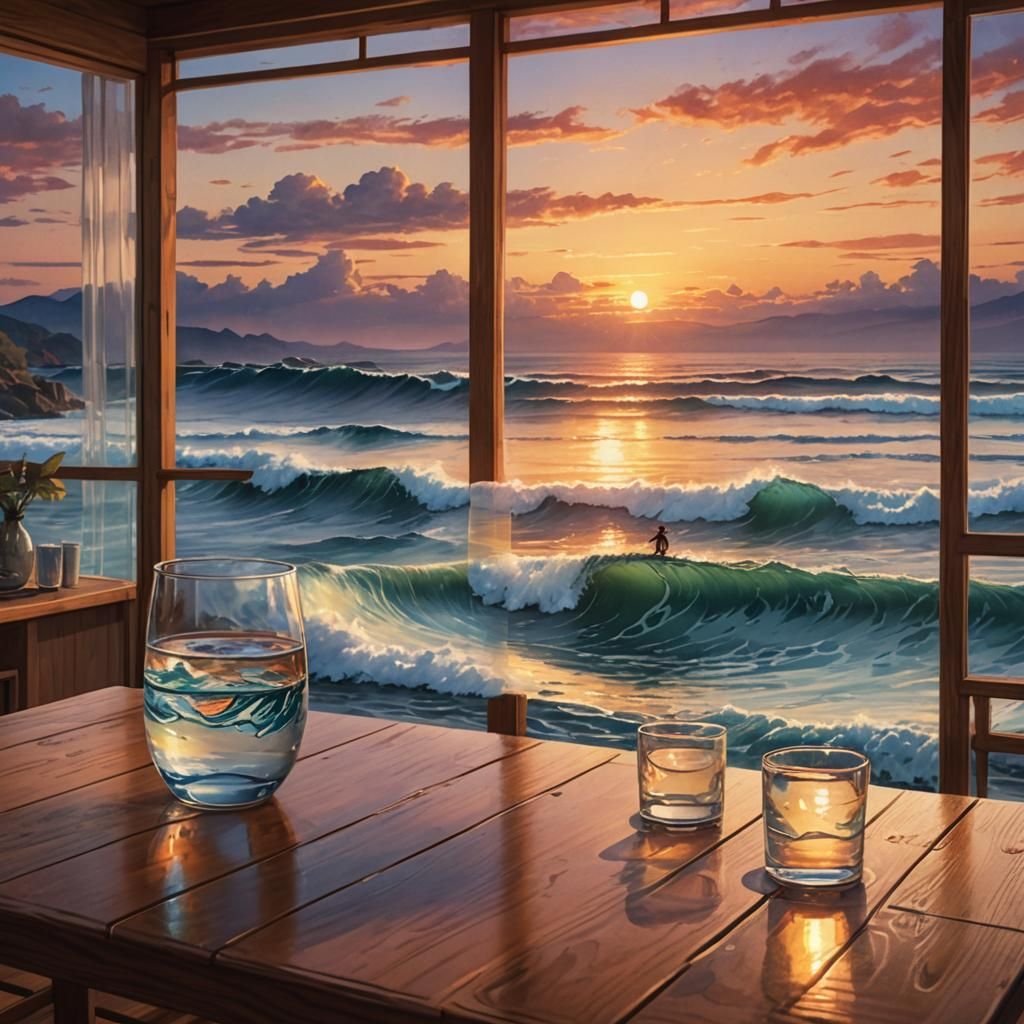 Sunset Surf: Japanese Watercolor Fantasy Art