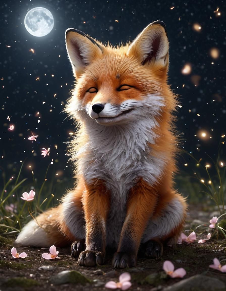 A hyper-realistic digital artwork of an adorable cute fox si...