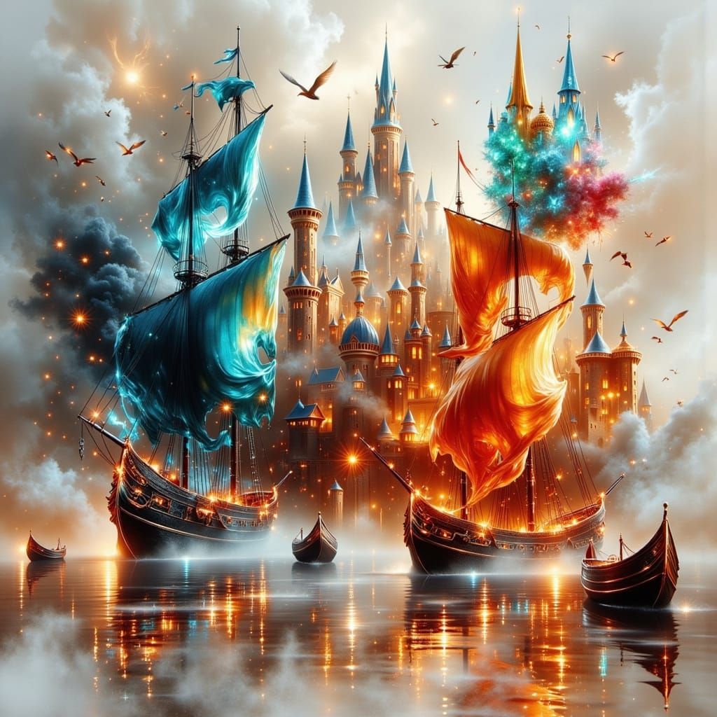 Misty Harbor with Galleons and Fantasy Kingdom