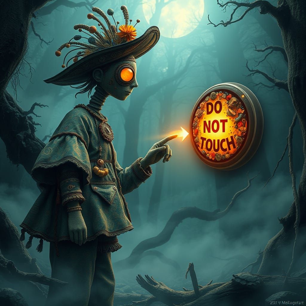 a button labeled DO NOT TOUCH. mystical, holds a glowing Amanita muscaria amidst a swirling, cosmic blend ...  by @blenta
