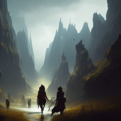 Fantasy setting, Landscape, Traveler walkng