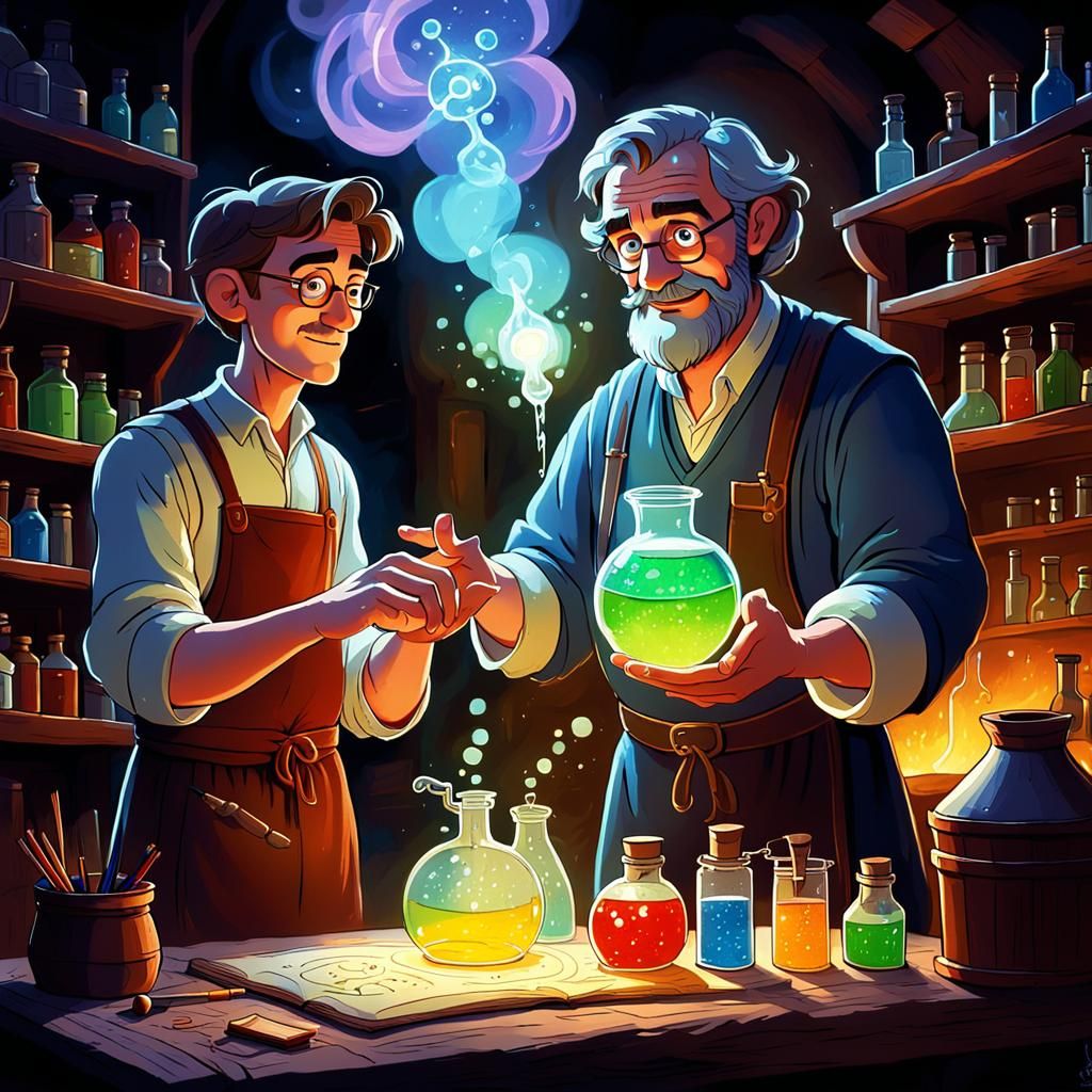 medieval teacher showing to his apprentice how to make a che...