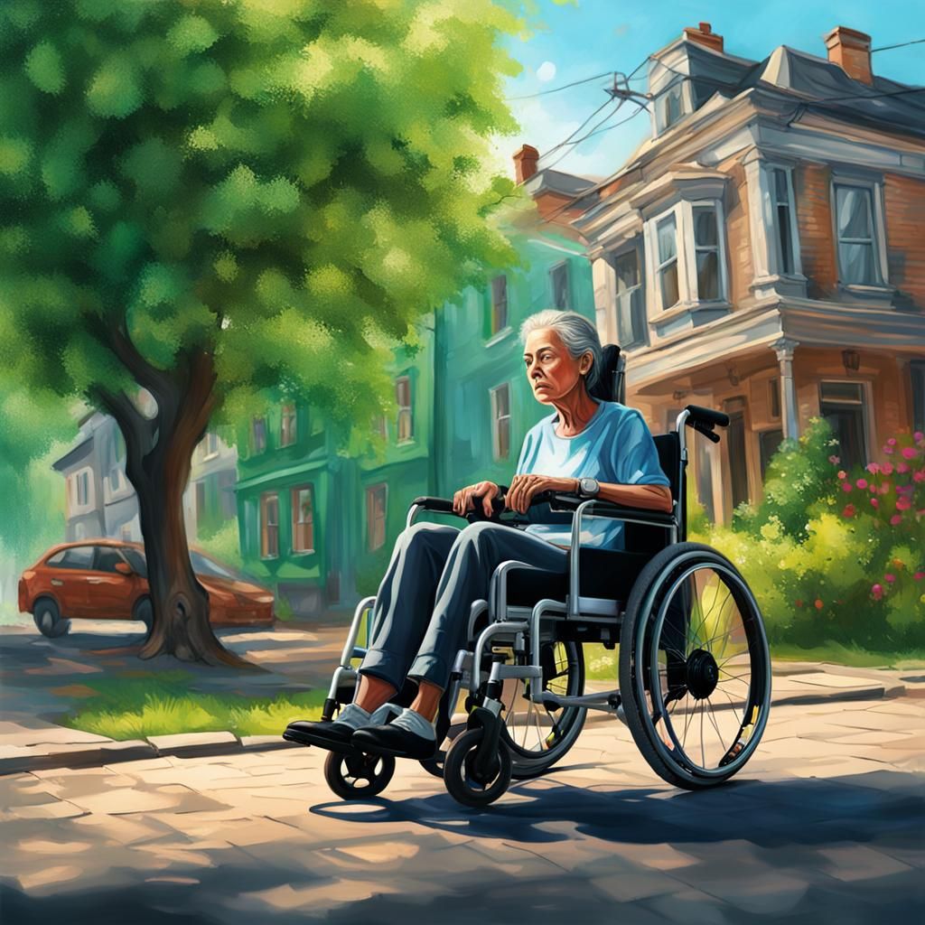 disabled woman, electrical wheel chair, spring time, on the ...