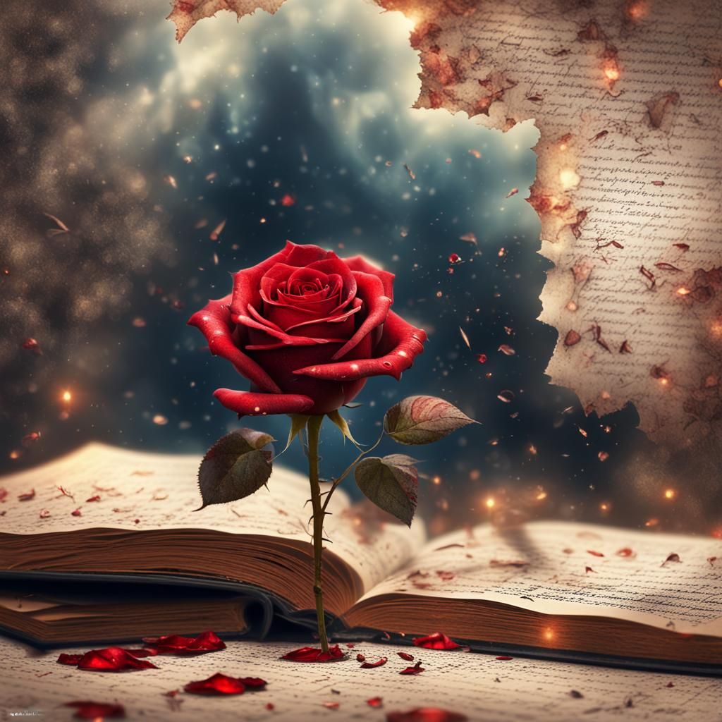 Single red rose on top of scattered storybook pages, magic w...