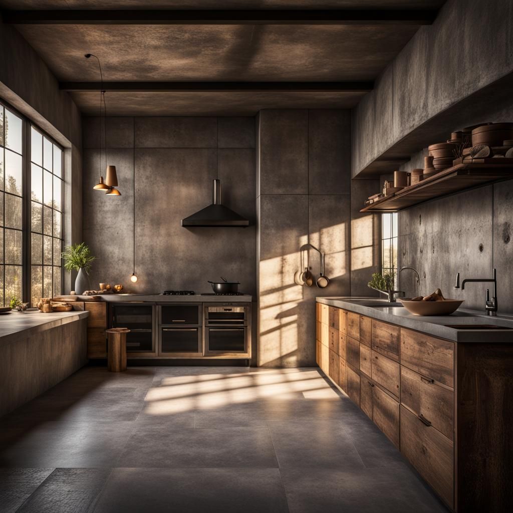 Interior design, wabi Sabi, industrial style, concrete and w...
