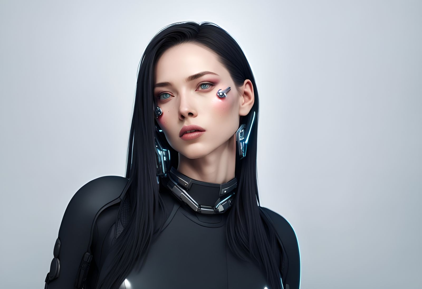 waist-up face portrait of in cybernetic armor, face visible,...