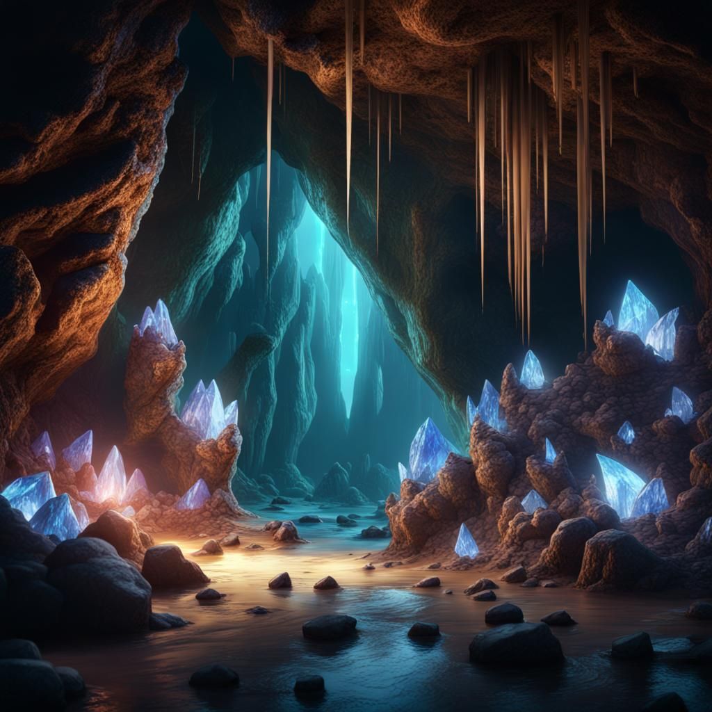 underground cave, shiny crystals growing out of rocks - AI Generated ...