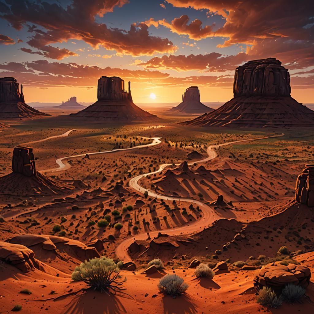 an ultra realistic photo of a great sunset in Monument Valle...