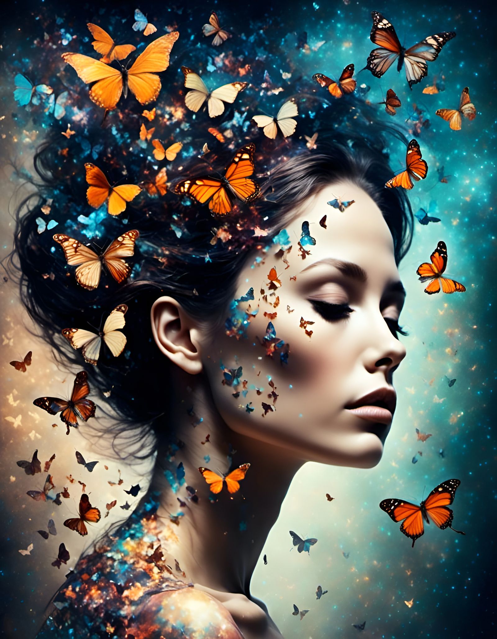 woman, butterflies, <lora:Constellation:1.0> 