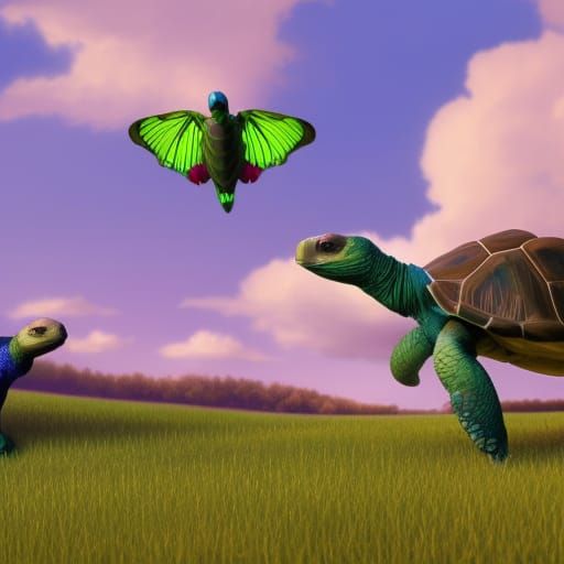 Two Tortoises Watching A Flying Tortoise Ai Generated Artwork Nightcafe Creator