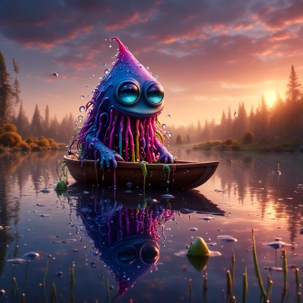 Lonely Trash Monster on Lake at Sunset