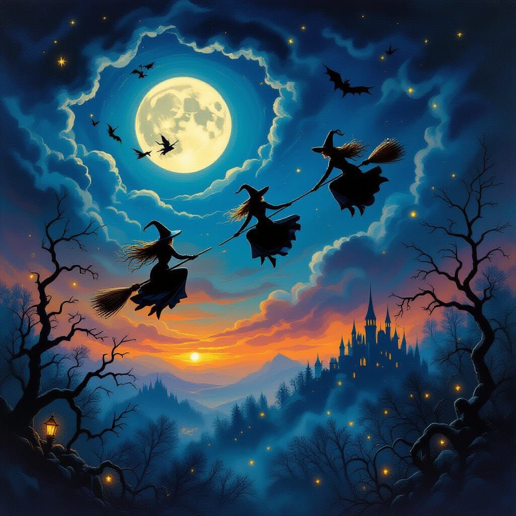 A dramatic scene of witches flying on broomsticks across a vibrant, swirling night sky, reminiscent of classic gothic horror. Below them, a ...