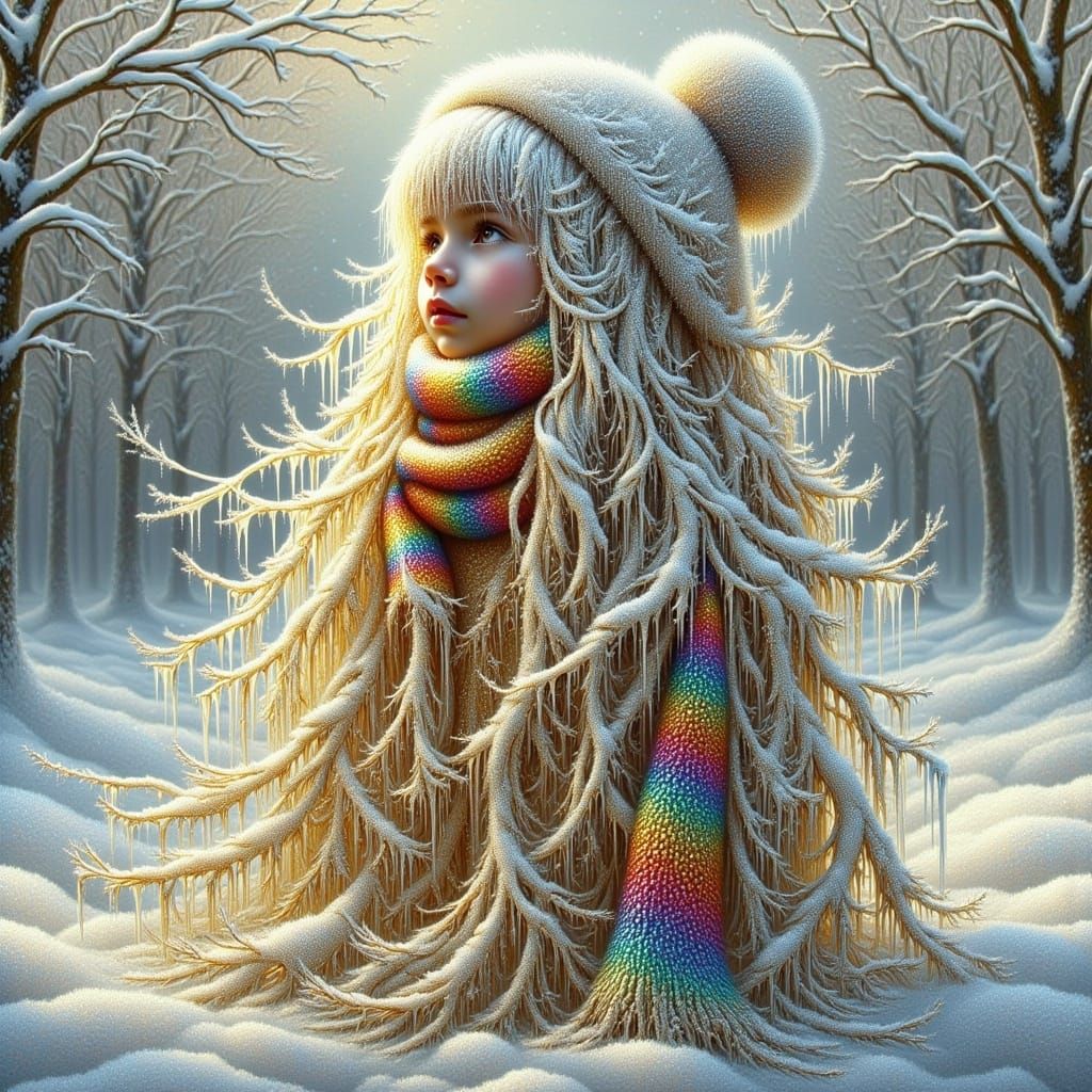 <lora:Frozen time:1.0>Imagine a little girl with her long (Extremely long hair)) hair made entirely of shiny silver and golden snowflakes in...