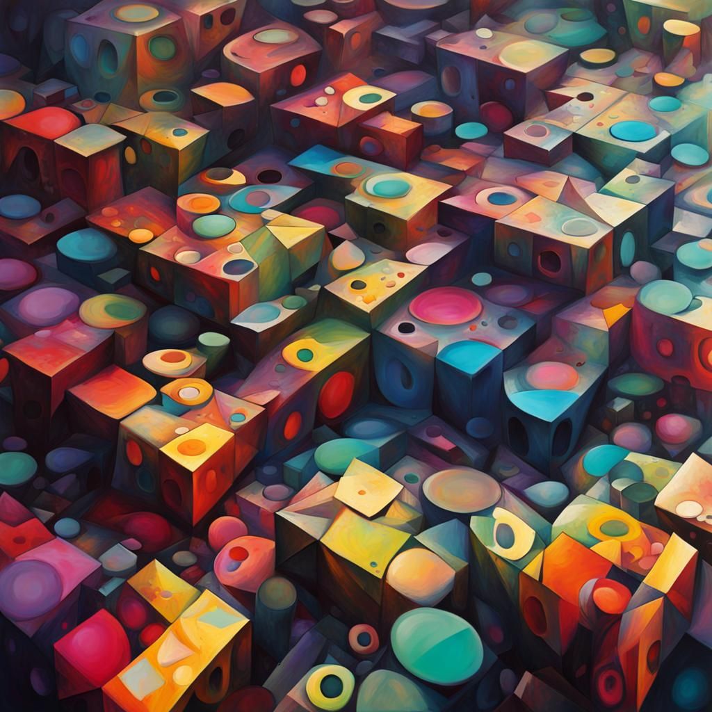 colorful circles, squares and triangles intertwining into a ...