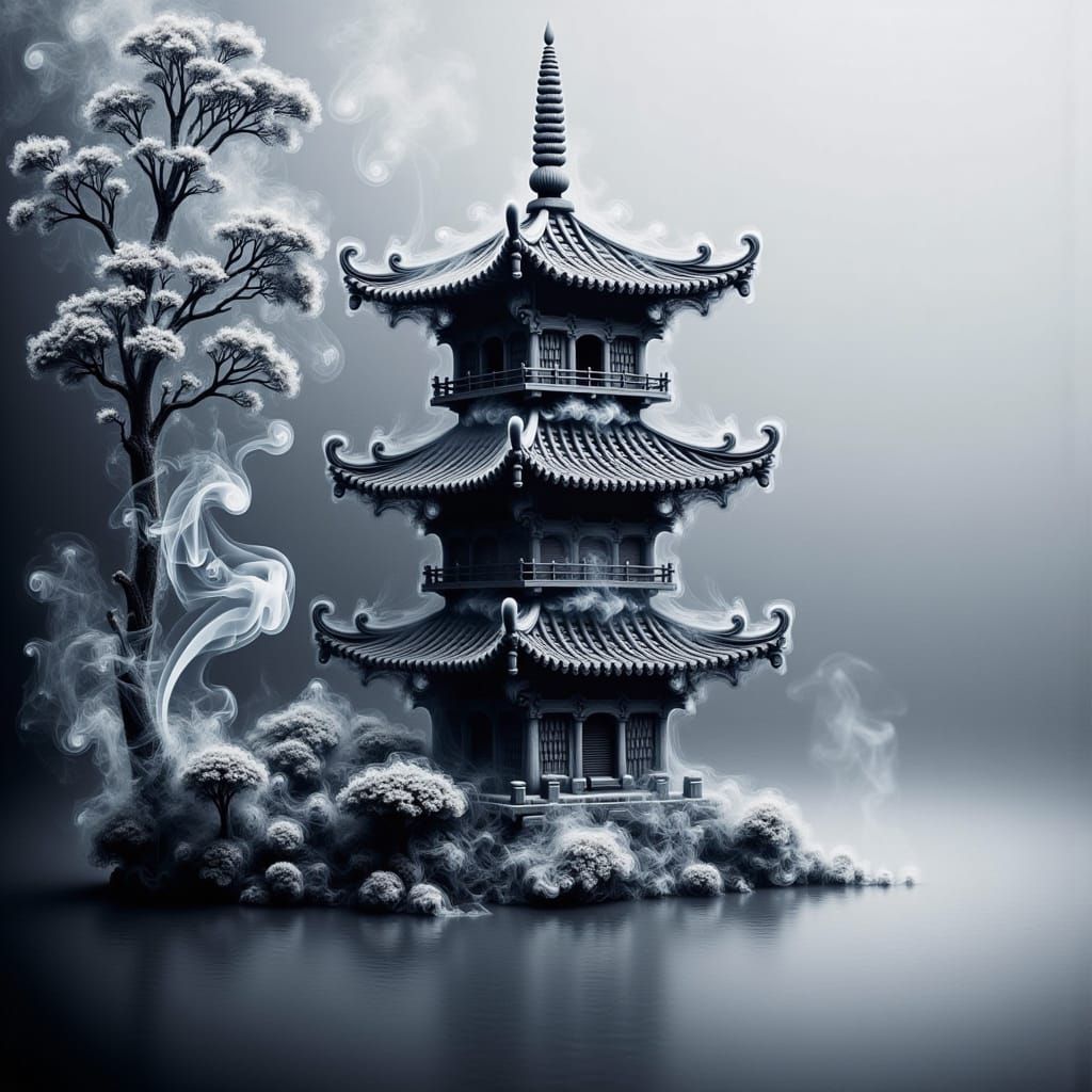 <lora:smoky:1.0> smoke drawing of a pagoda. drawing with smoke. By Jim Dingilian