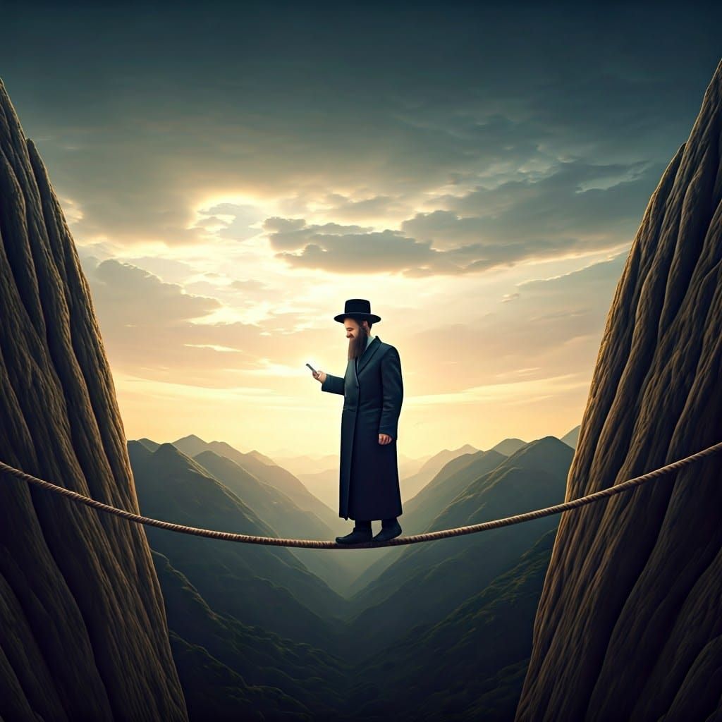 Hassidic Man Finds Serenity on Taut Rope Between Steep Mount...