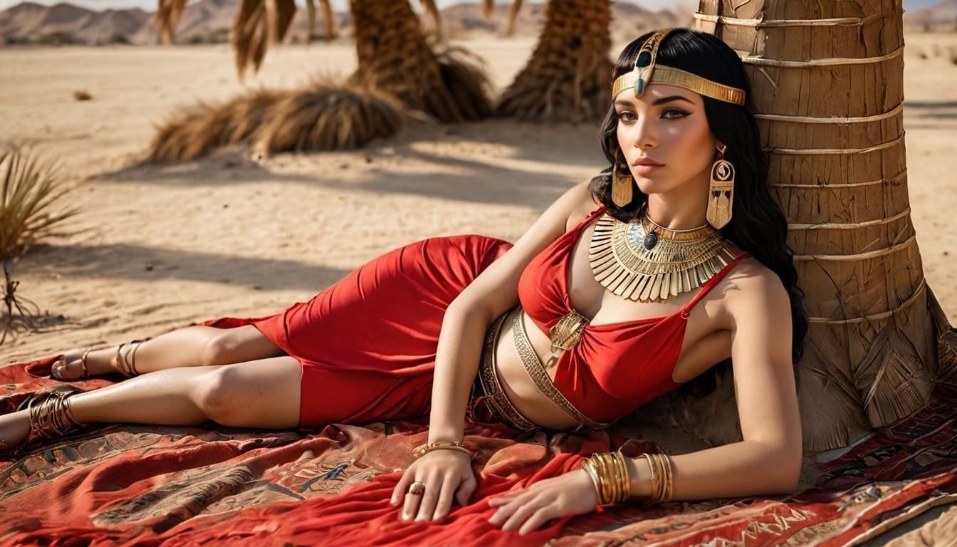 Beautiful Egyptian goddess Cleopatra chilling in the desert