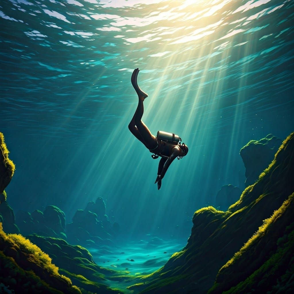 Diver Plummets Toward Turquoise Ocean in Dreamlike Freefall