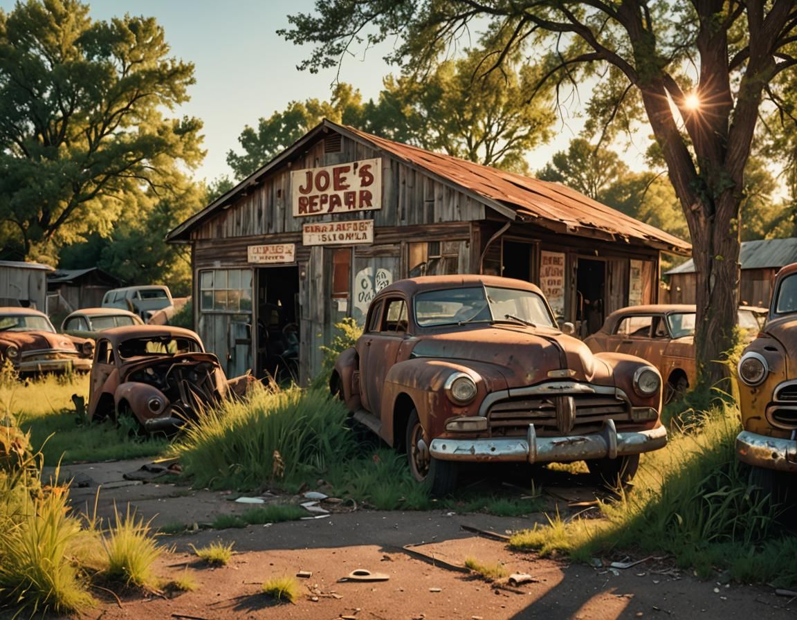 Steel Toe Joe's Auto repair garage abandoned for many years, unkept, tall grass, the remains of 1930's & 40's cars some intact litter the ou...