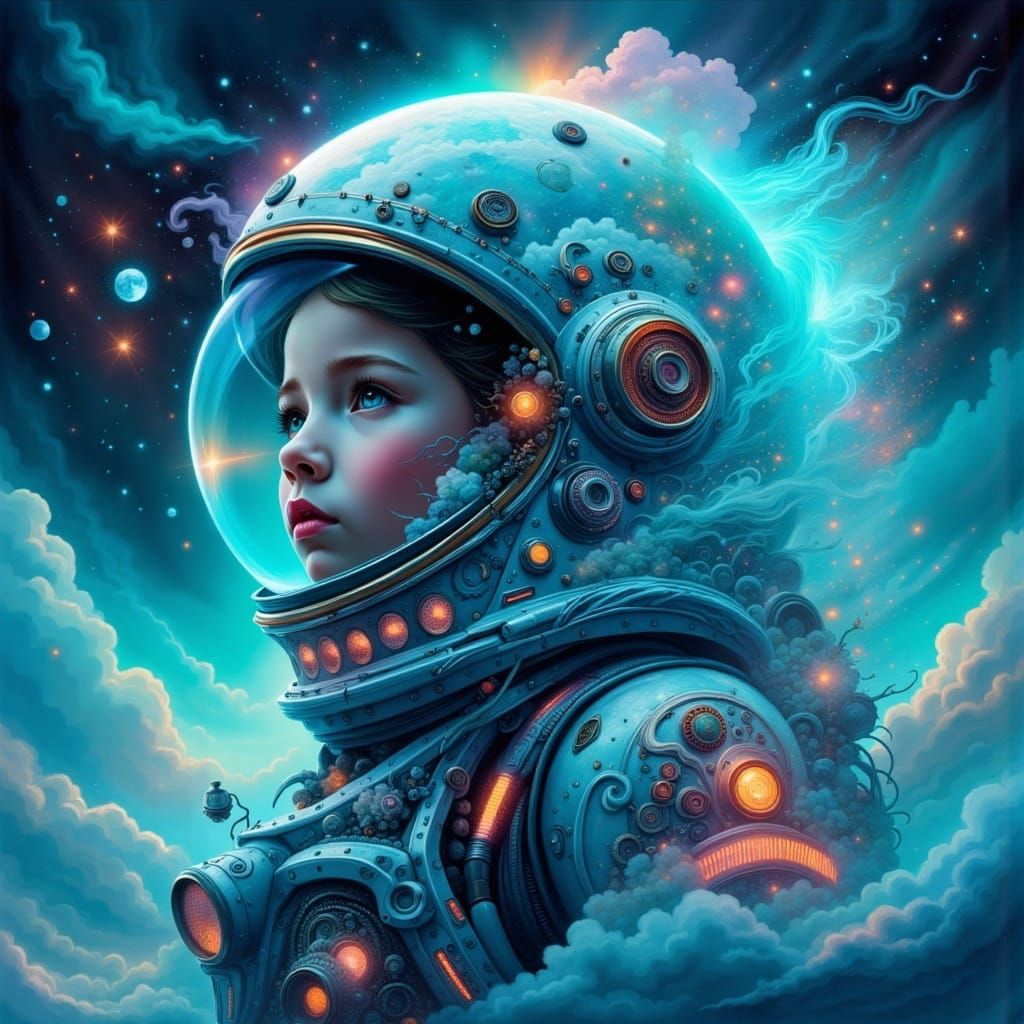 florescent colors of a boy cosmonaut head and shoulders sideview capture, curious awe emotion, mockumentary photo style retro style cosmonau...