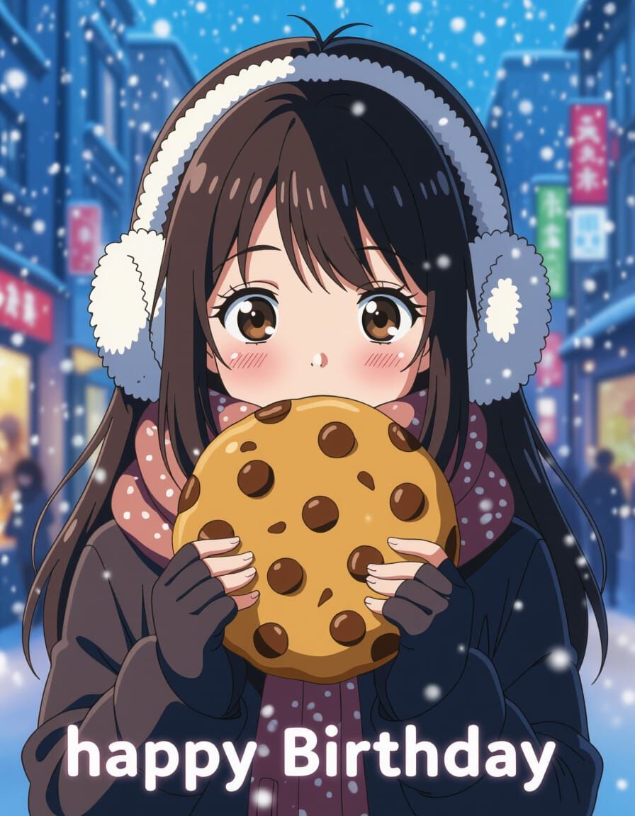Cute Chinese Lady in Winter Megacity with Cookie