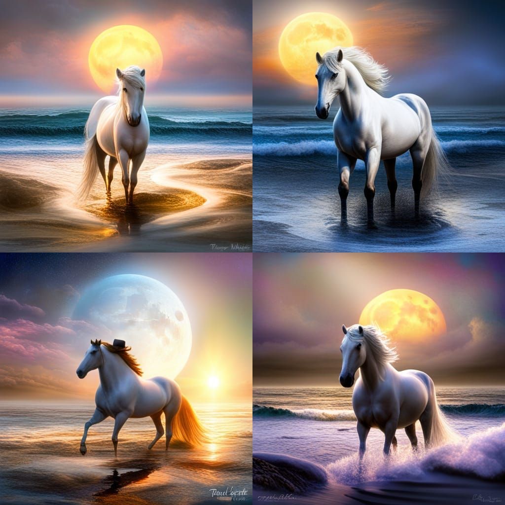 sunrise and moon set with a white stallion wearing a bowler ...