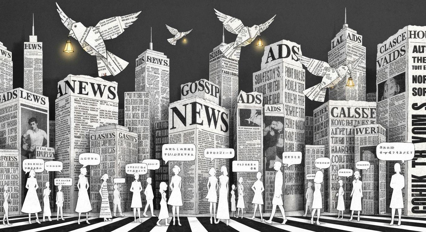 Newspaper World With Headlines

A living city sculpted from torn newspaper clippings, skyscrapers printed with headlines: “News,” “Gossip,” ...