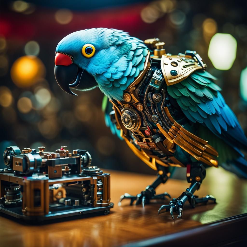 Colorful (Cyborg robot parakeet pirate 1:3), standing on tab...