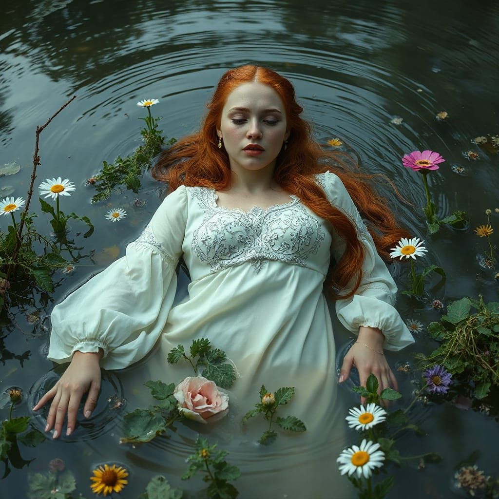 Ethereal Ophelia Drowns in Enchanted River Landscape