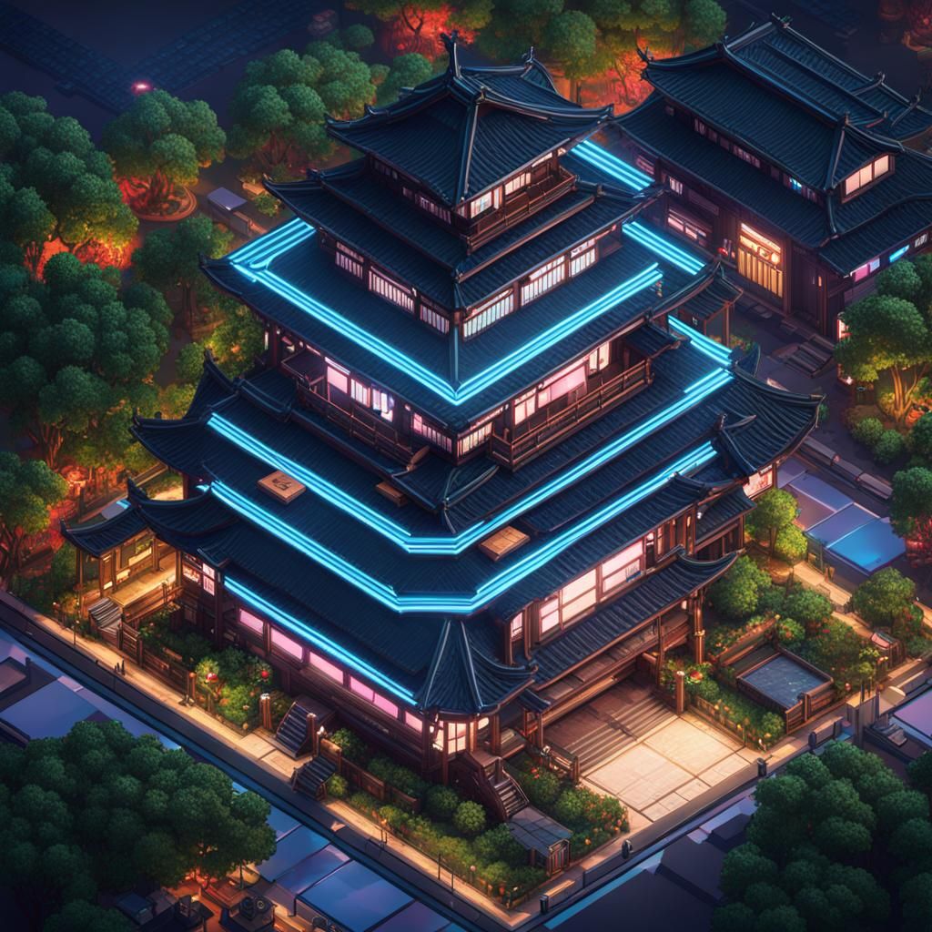 isometric pixel art japanese cyberpunk mansion