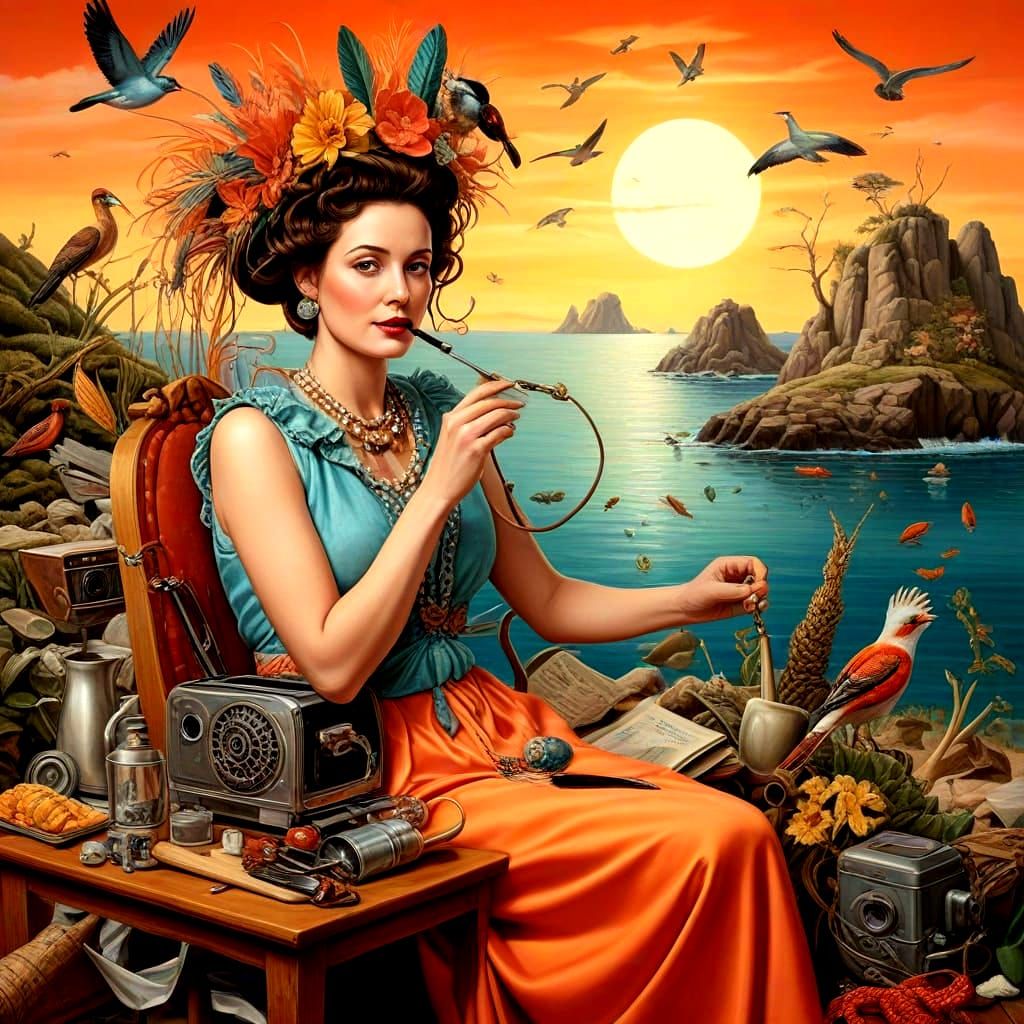 Eccentric Lady in Vibrant Surreal Landscape