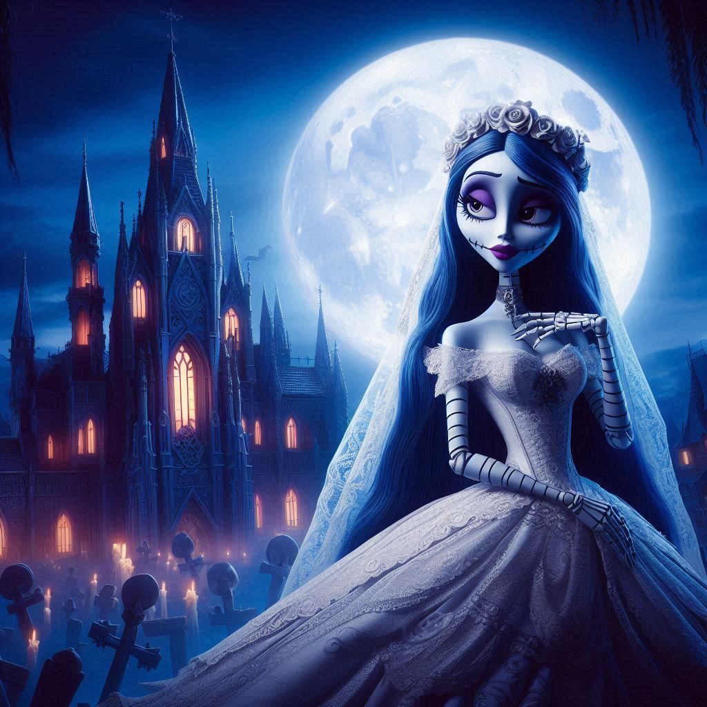 Bride against the background of the Gothic cathedral and the full moon