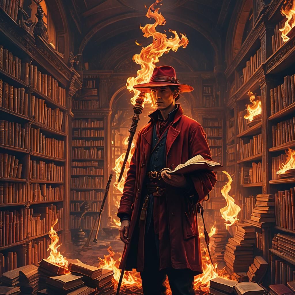 Man with Flaming Staff in a Library