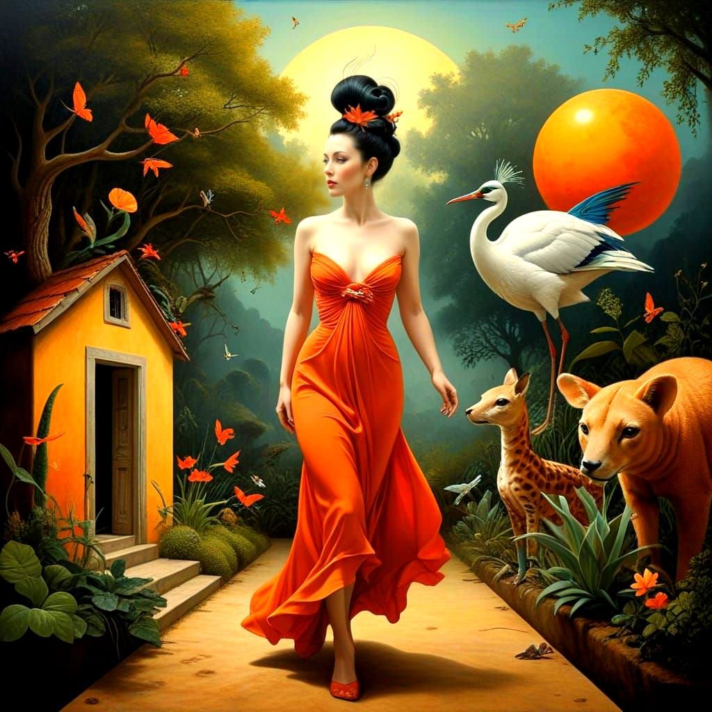 Surreal Landscape with Woman and Fantastic Creatures