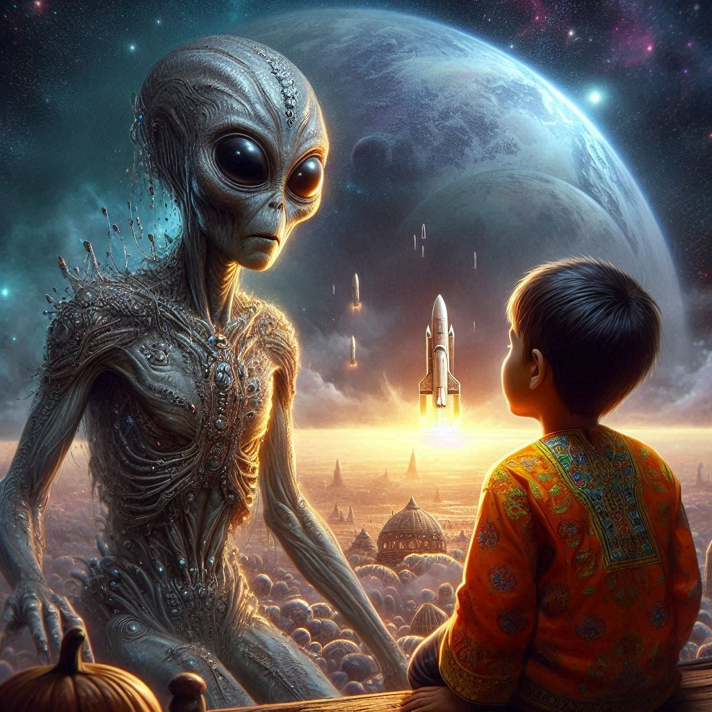 An alien looks into the eyes of a small surprised child