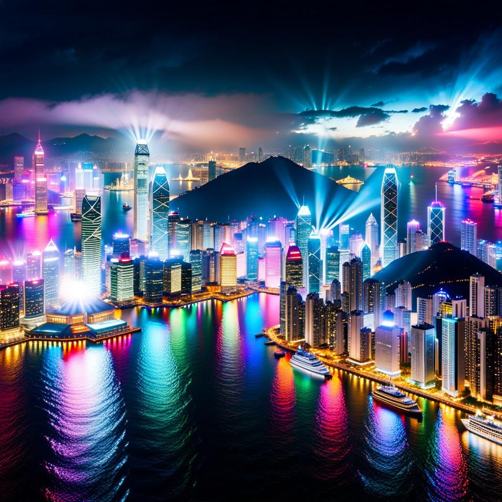 Night View of Hong Kong in Victoria Harbour, performing 