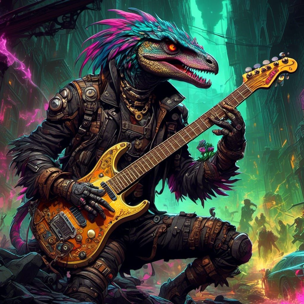  rock raptor playing electric  guitar