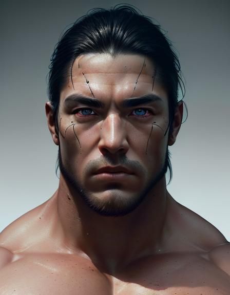 man, beautiful face and white eyes, skin,   massive muscle, ...