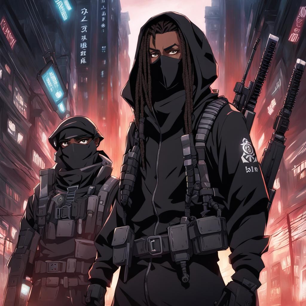 Tall black man with short dreads and a black ninja mask. In ...