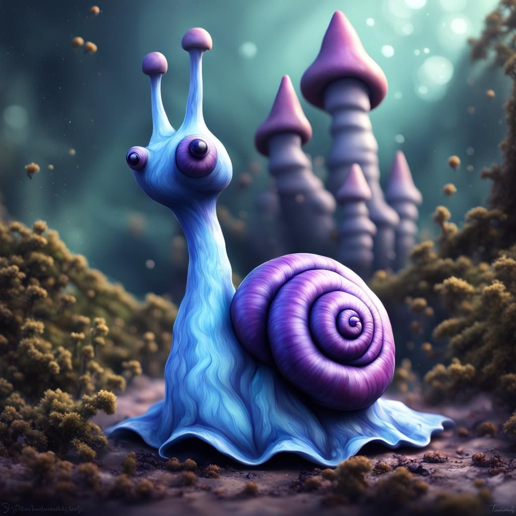 little cute blue snail, purple mushroom castle, realistic, 4k, galaxy