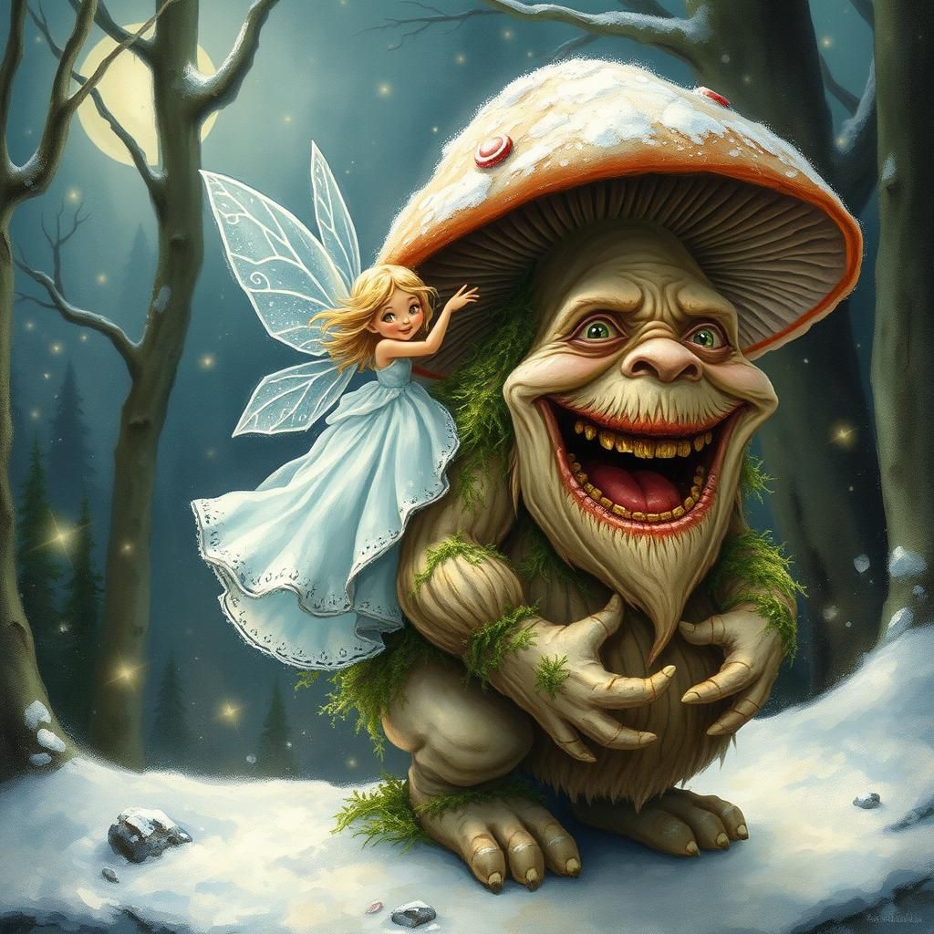 Snow fairy dancing on a laughing mushroom troll