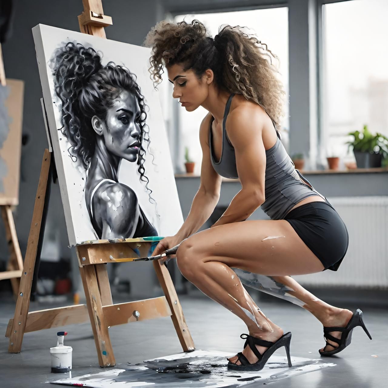 A muscular fitness woman is painting her own portrait