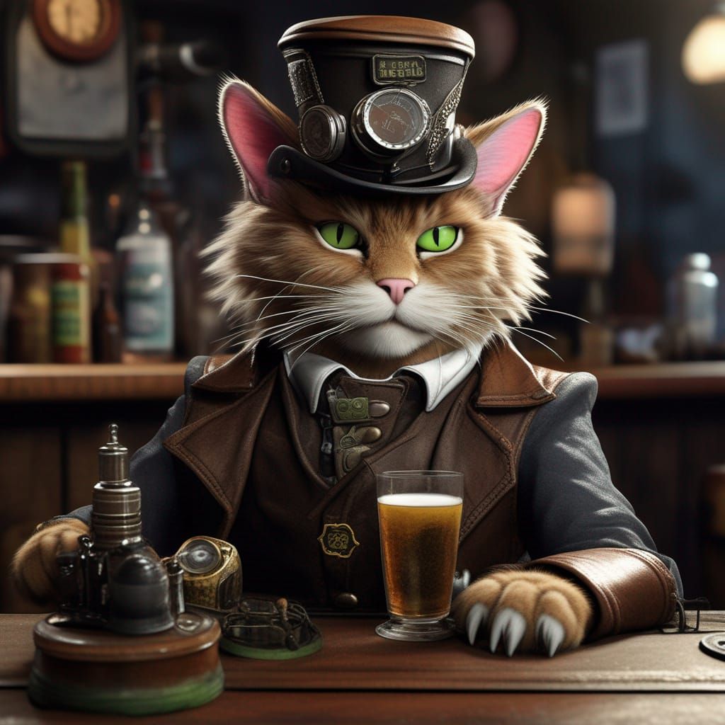 hyper realistic humanoid cat wearing a steampunk hat serving drinks in a seedy bar  by @little Firestar