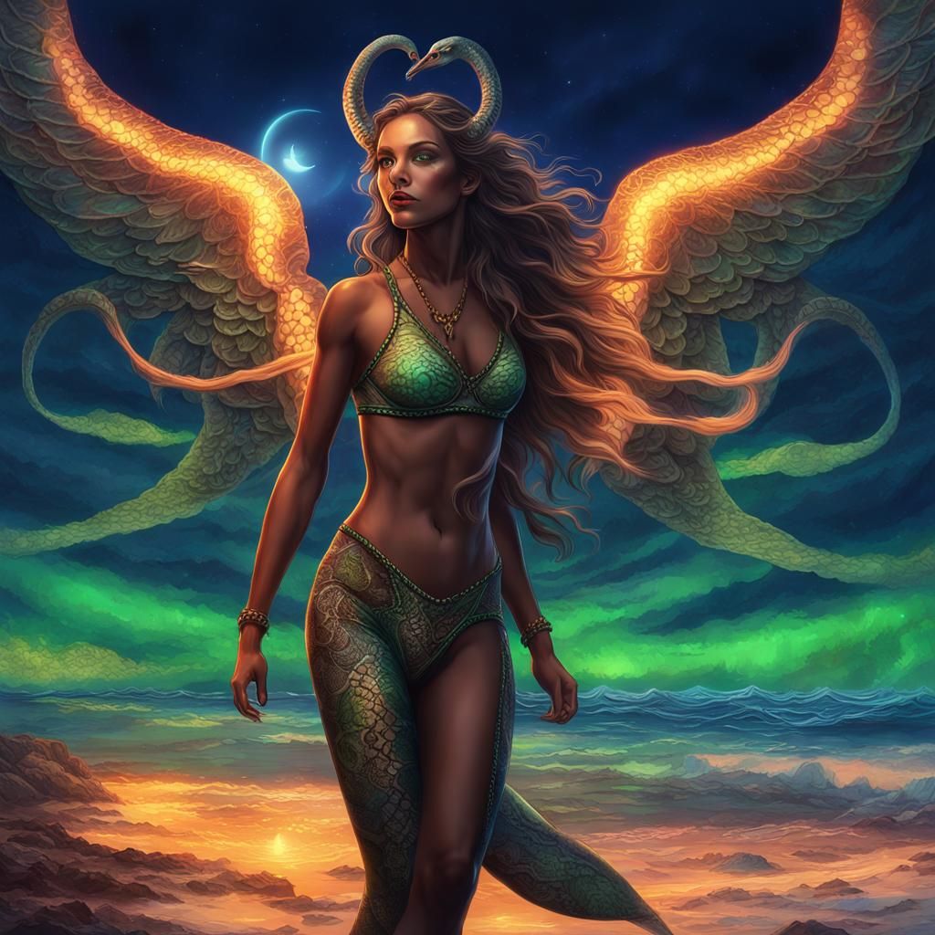 a pretty snake girl in a bikini with eyes that shine like a ...