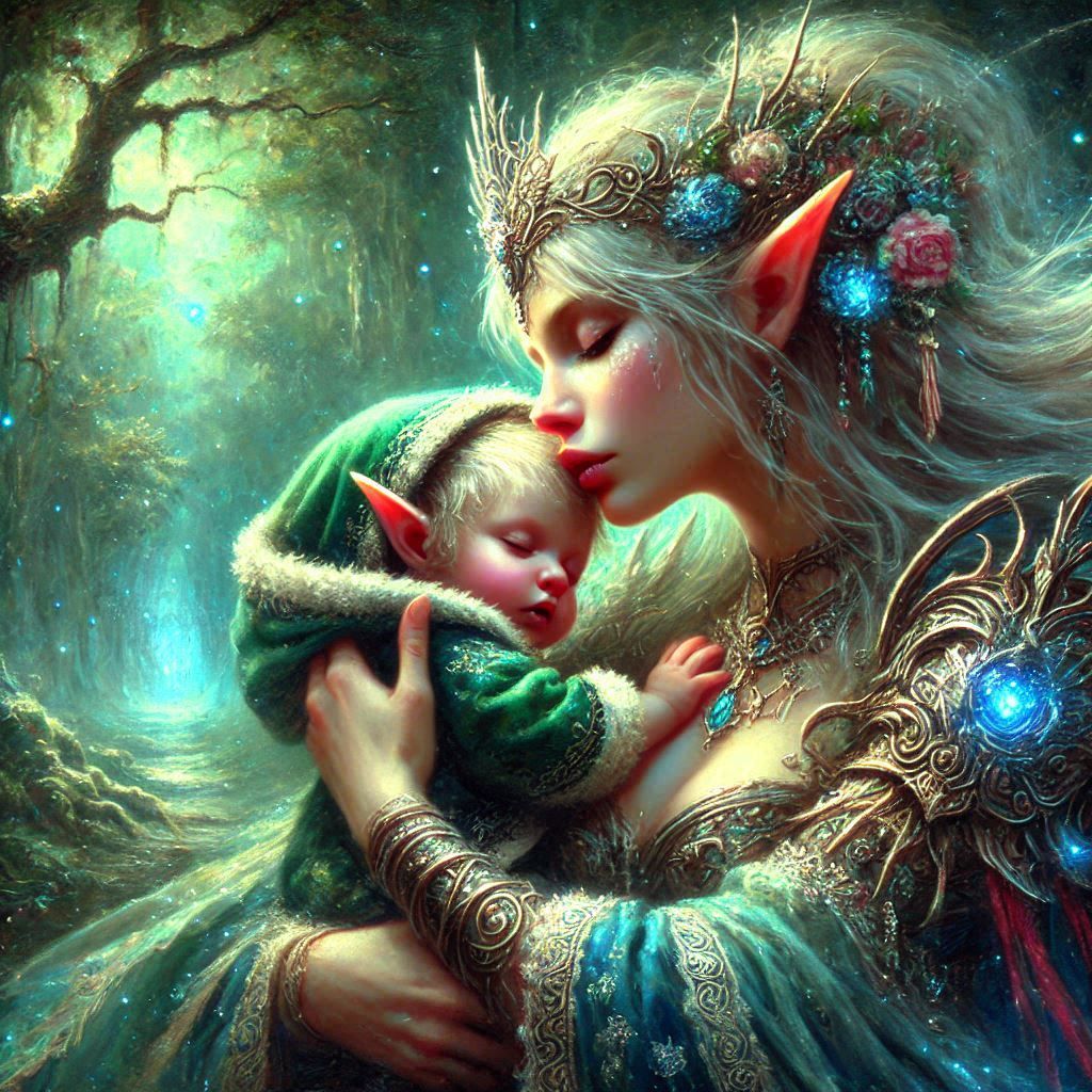 Majestic forest elf with her baby