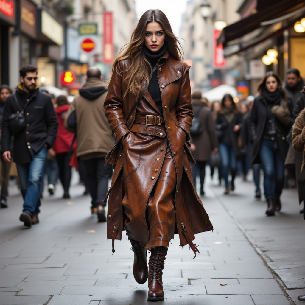 Woman wearing clothes and coat made entirely from distressed brown leather patches with scuffs, scratches, and patina, wearing leather boots...